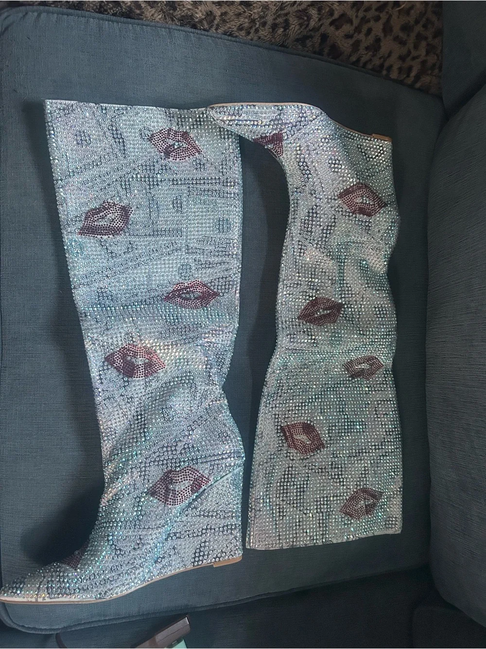 Cape Robbin Iridescent Crystal Over-the-Knee Boots with Red Lip Accents